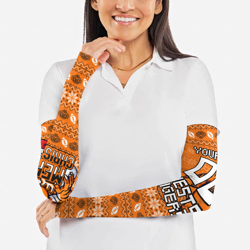 Personalized Wests Tigers Christmas Arm Sleeves Australian Rugby Fans - Pixelated Ugly Xmas Pattern Mascot Santa