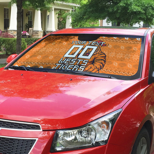 Personalized Wests Tigers Christmas Auto Sun Shade Australian Rugby Fans - Pixelated Ugly Xmas Pattern Mascot Santa