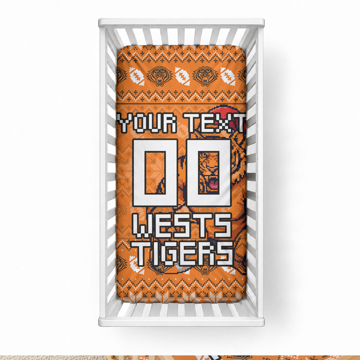 Personalized Wests Tigers Christmas Baby Bed Cover Australian Rugby Fans - Pixelated Ugly Xmas Pattern Mascot Santa