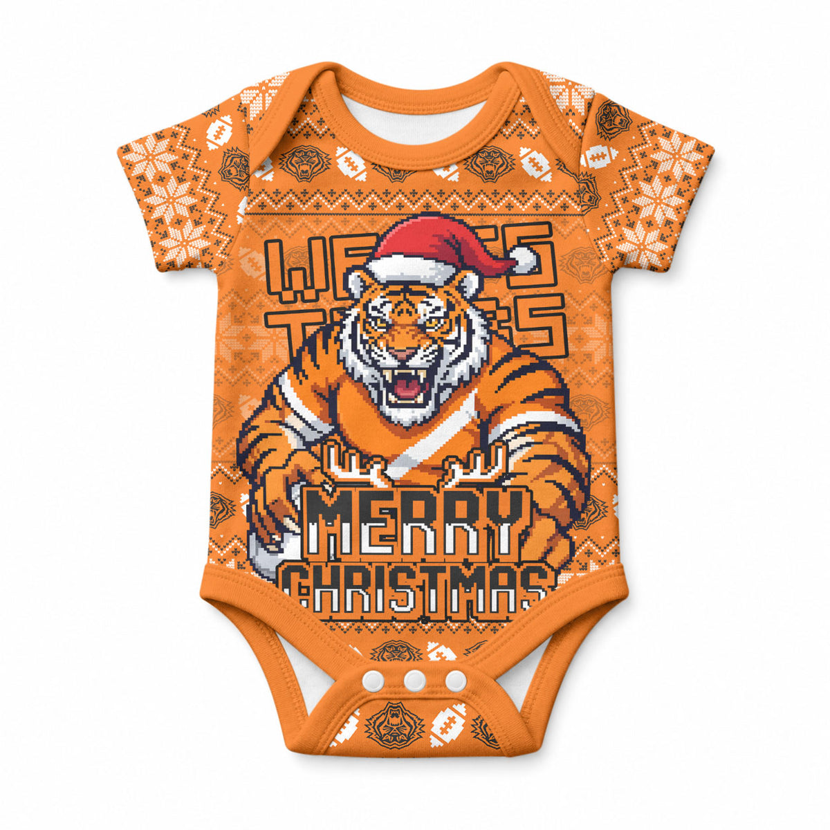 Personalized Wests Tigers Christmas Baby Onesie Australian Rugby Fans - Pixelated Ugly Xmas Pattern Mascot Santa
