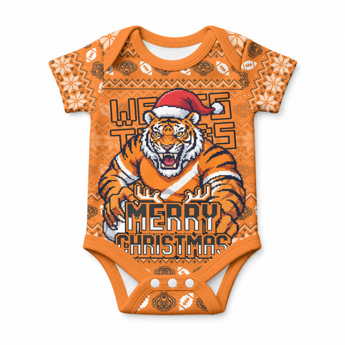 Personalized Wests Tigers Christmas Baby Onesie Australian Rugby Fans - Pixelated Ugly Xmas Pattern Mascot Santa