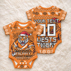 Personalized Wests Tigers Christmas Baby Onesie Australian Rugby Fans - Pixelated Ugly Xmas Pattern Mascot Santa