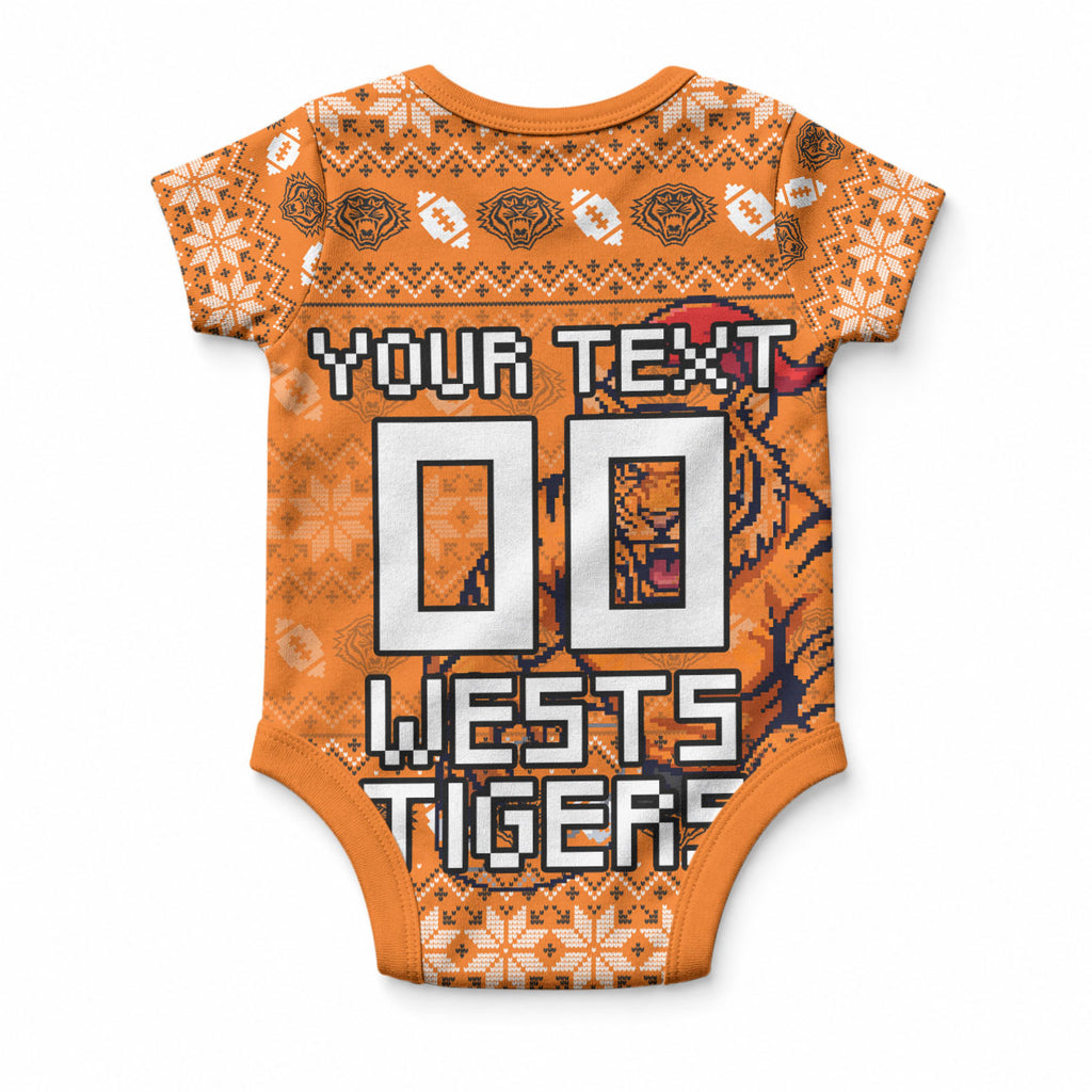 Personalized Wests Tigers Christmas Baby Onesie Australian Rugby Fans - Pixelated Ugly Xmas Pattern Mascot Santa