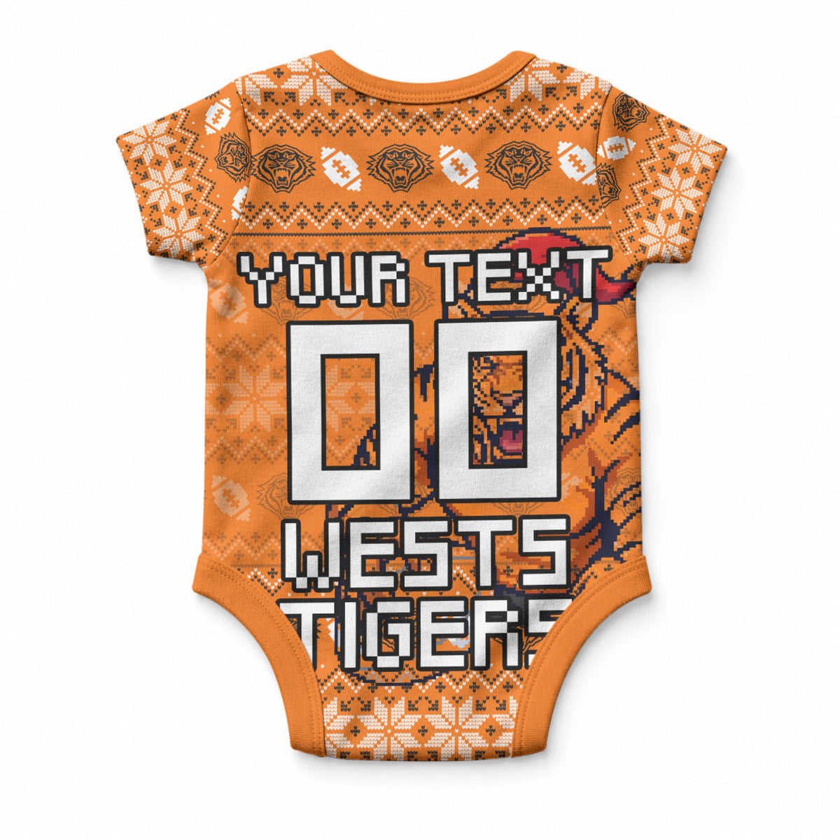 Personalized Wests Tigers Christmas Baby Onesie Australian Rugby Fans - Pixelated Ugly Xmas Pattern Mascot Santa