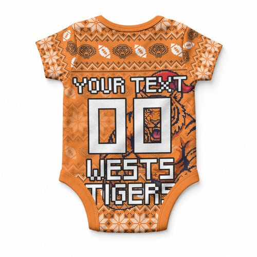 Personalized Wests Tigers Christmas Baby Onesie Australian Rugby Fans - Pixelated Ugly Xmas Pattern Mascot Santa