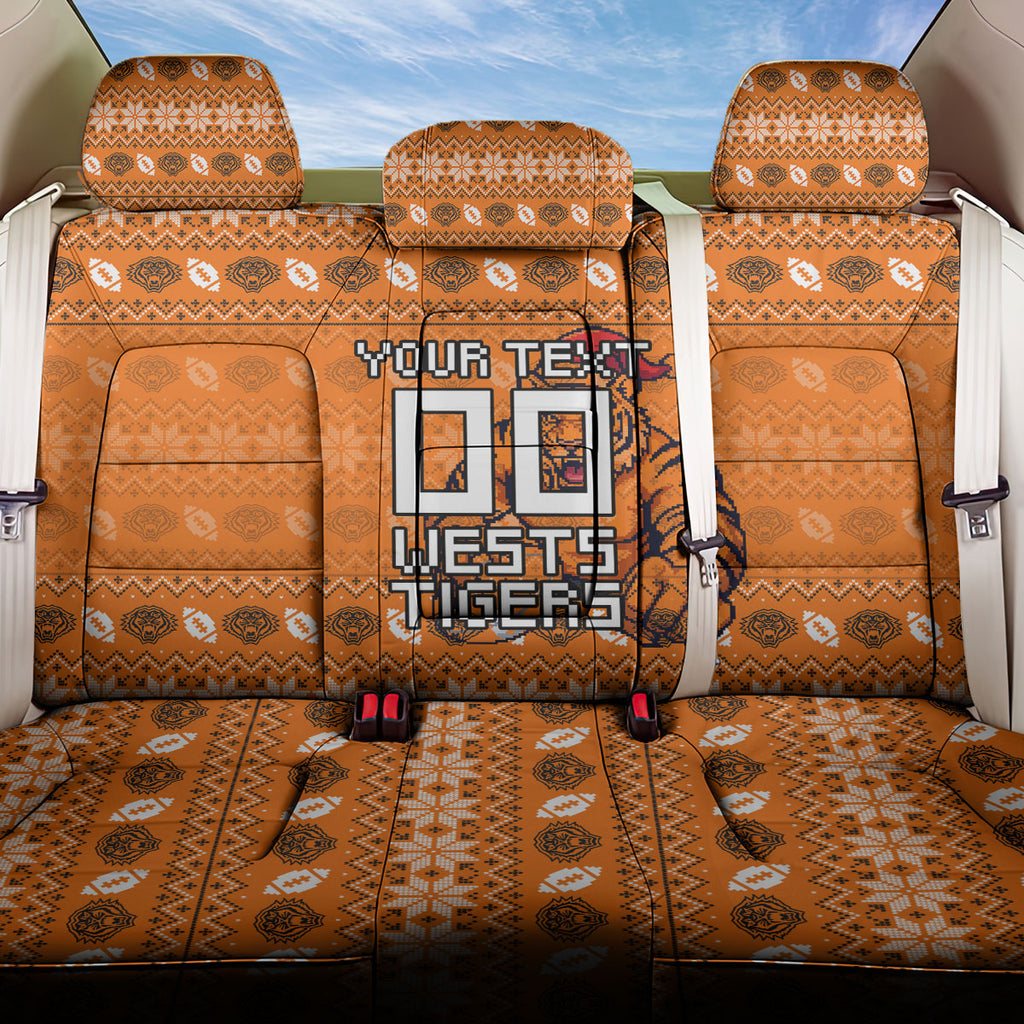 Personalized Wests Tigers Christmas Back Car Seat Cover Australian Rugby Fans - Pixelated Ugly Xmas Pattern Mascot Santa