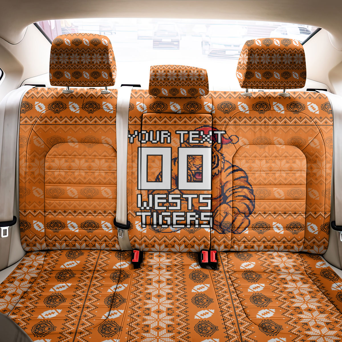 Personalized Wests Tigers Christmas Back Car Seat Cover Australian Rugby Fans - Pixelated Ugly Xmas Pattern Mascot Santa