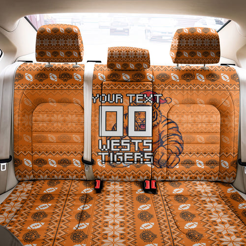 Personalized Wests Tigers Christmas Back Car Seat Cover Australian Rugby Fans - Pixelated Ugly Xmas Pattern Mascot Santa