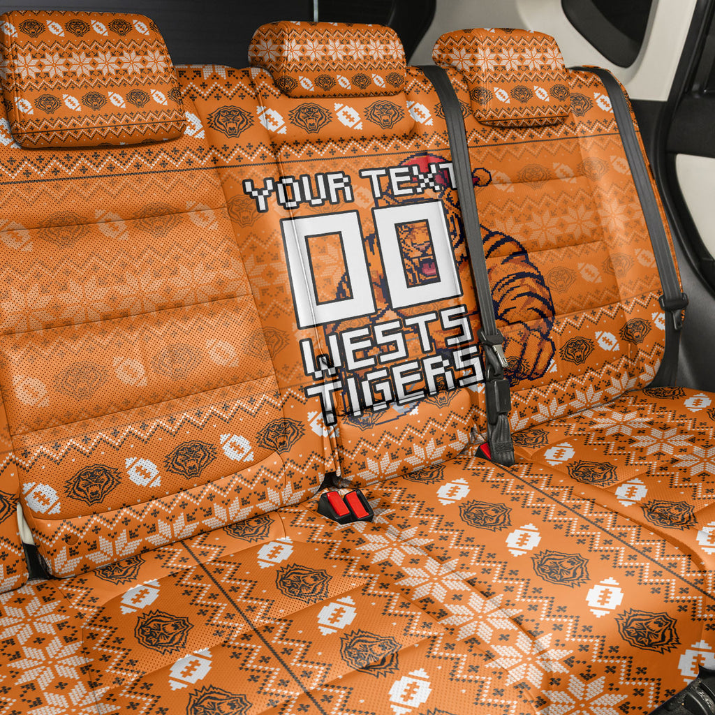 Personalized Wests Tigers Christmas Back Car Seat Cover Australian Rugby Fans - Pixelated Ugly Xmas Pattern Mascot Santa