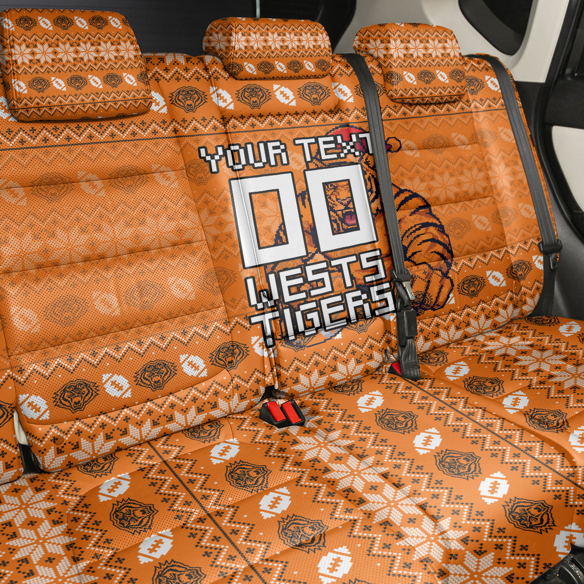 Personalized Wests Tigers Christmas Back Car Seat Cover Australian Rugby Fans - Pixelated Ugly Xmas Pattern Mascot Santa