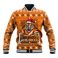Personalized Wests Tigers Christmas Baseball Jacket Australian Rugby Fans - Pixelated Ugly Xmas Pattern Mascot Santa