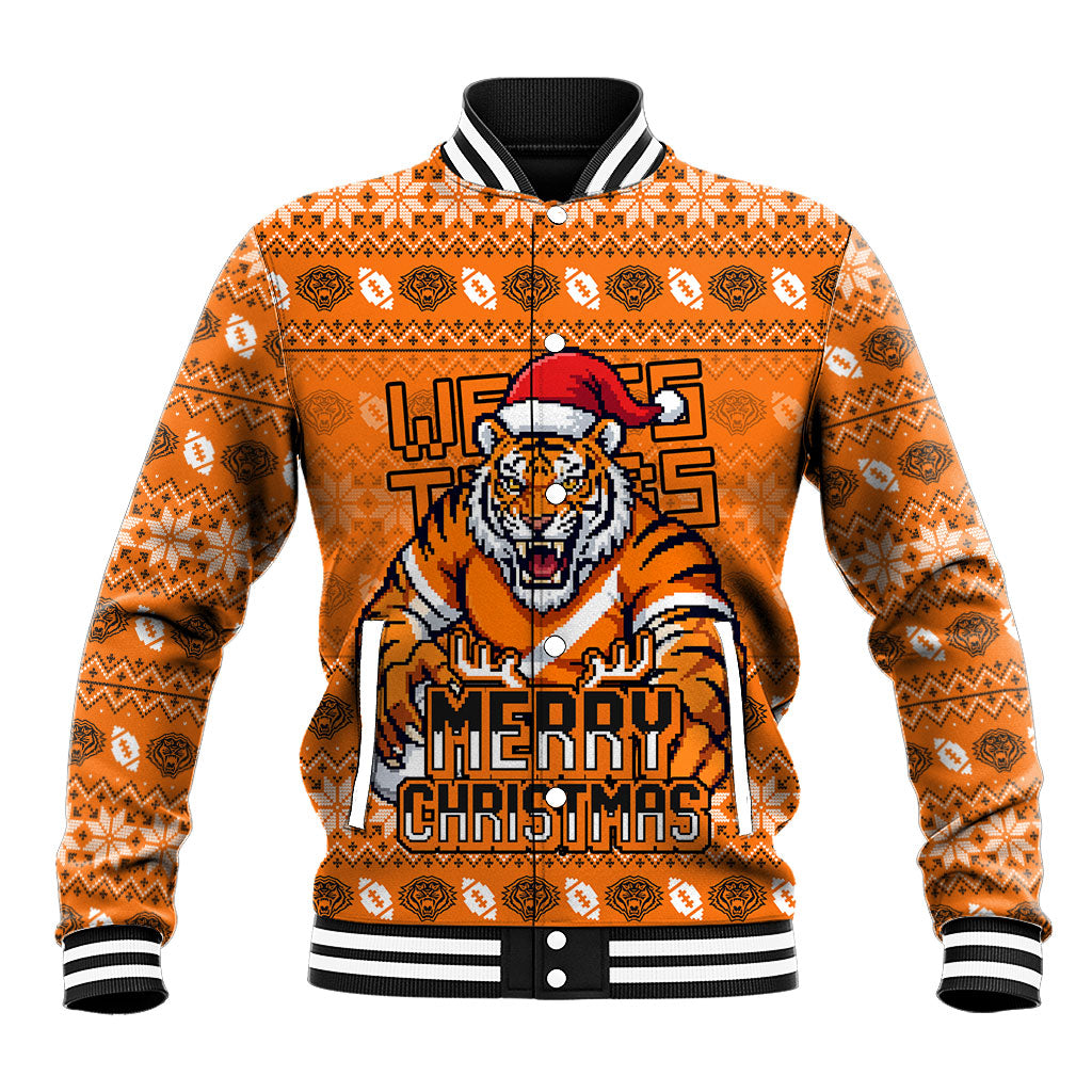 Personalized Wests Tigers Christmas Baseball Jacket Australian Rugby Fans - Pixelated Ugly Xmas Pattern Mascot Santa