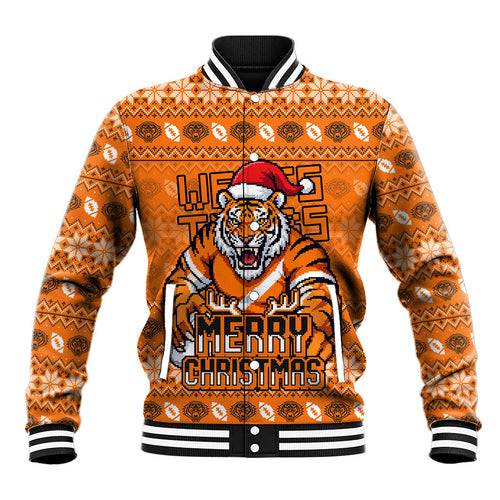 Personalized Wests Tigers Christmas Baseball Jacket Australian Rugby Fans - Pixelated Ugly Xmas Pattern Mascot Santa