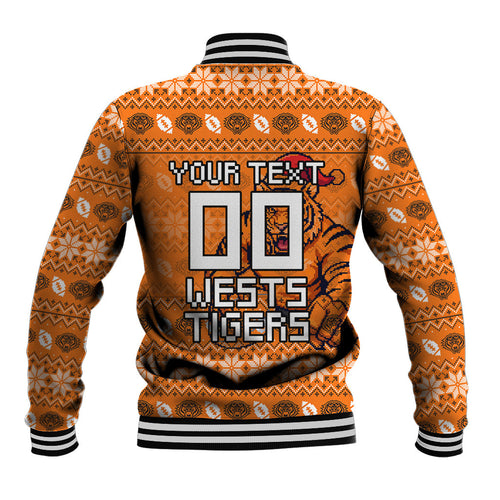 Personalized Wests Tigers Christmas Baseball Jacket Australian Rugby Fans - Pixelated Ugly Xmas Pattern Mascot Santa
