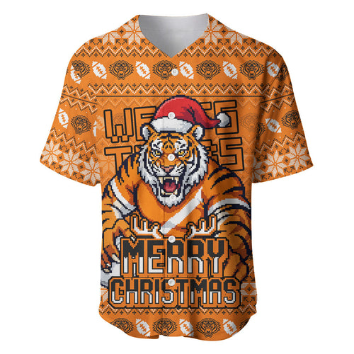 Personalized Wests Tigers Christmas Baseball Jersey Australian Rugby Fans - Pixelated Ugly Xmas Pattern Mascot Santa