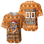 Personalized Wests Tigers Christmas Baseball Jersey Australian Rugby Fans - Pixelated Ugly Xmas Pattern Mascot Santa