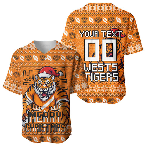 Personalized Wests Tigers Christmas Baseball Jersey Australian Rugby Fans - Pixelated Ugly Xmas Pattern Mascot Santa