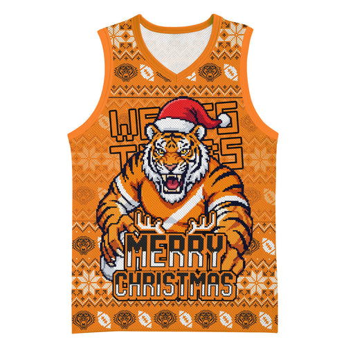 Personalized Wests Tigers Christmas Basketball Jersey Australian Rugby Fans - Pixelated Ugly Xmas Pattern Mascot Santa