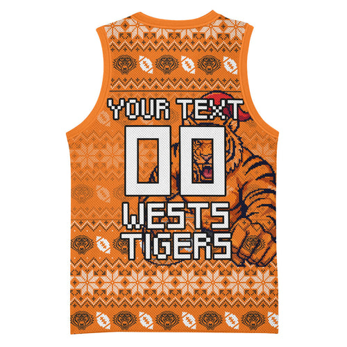 Personalized Wests Tigers Christmas Basketball Jersey Australian Rugby Fans - Pixelated Ugly Xmas Pattern Mascot Santa