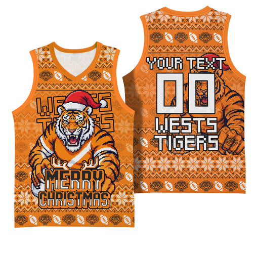Personalized Wests Tigers Christmas Basketball Jersey Australian Rugby Fans - Pixelated Ugly Xmas Pattern Mascot Santa