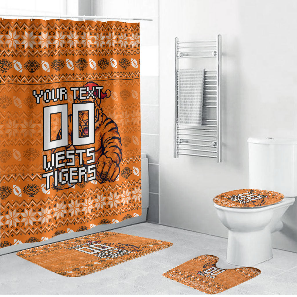 Personalized Wests Tigers Christmas Bathroom Set Australian Rugby Fans - Pixelated Ugly Xmas Pattern Mascot Santa