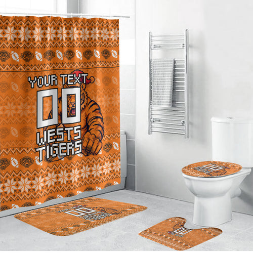 Personalized Wests Tigers Christmas Bathroom Set Australian Rugby Fans - Pixelated Ugly Xmas Pattern Mascot Santa