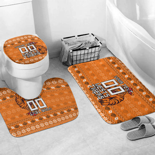 Personalized Wests Tigers Christmas Bathroom Set Australian Rugby Fans - Pixelated Ugly Xmas Pattern Mascot Santa