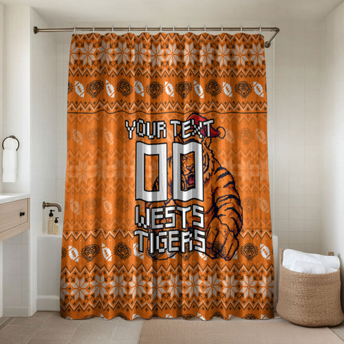 Personalized Wests Tigers Christmas Bathroom Set Australian Rugby Fans - Pixelated Ugly Xmas Pattern Mascot Santa