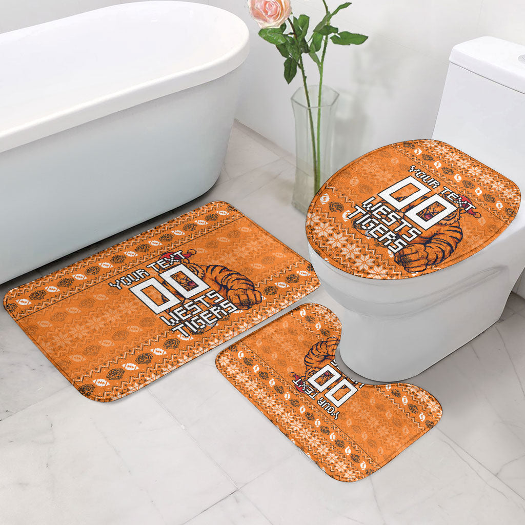 Personalized Wests Tigers Christmas Bathroom Set Australian Rugby Fans - Pixelated Ugly Xmas Pattern Mascot Santa