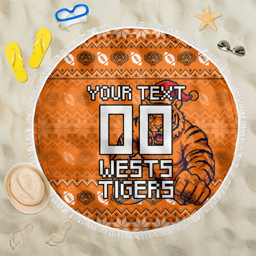 Personalized Wests Tigers Christmas Beach Blanket Australian Rugby Fans - Pixelated Ugly Xmas Pattern Mascot Santa