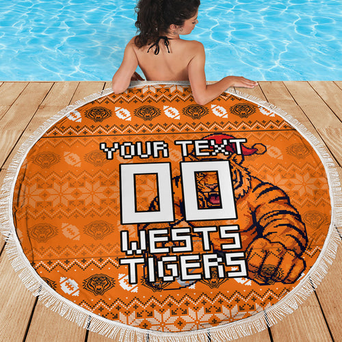 Personalized Wests Tigers Christmas Beach Blanket Australian Rugby Fans - Pixelated Ugly Xmas Pattern Mascot Santa