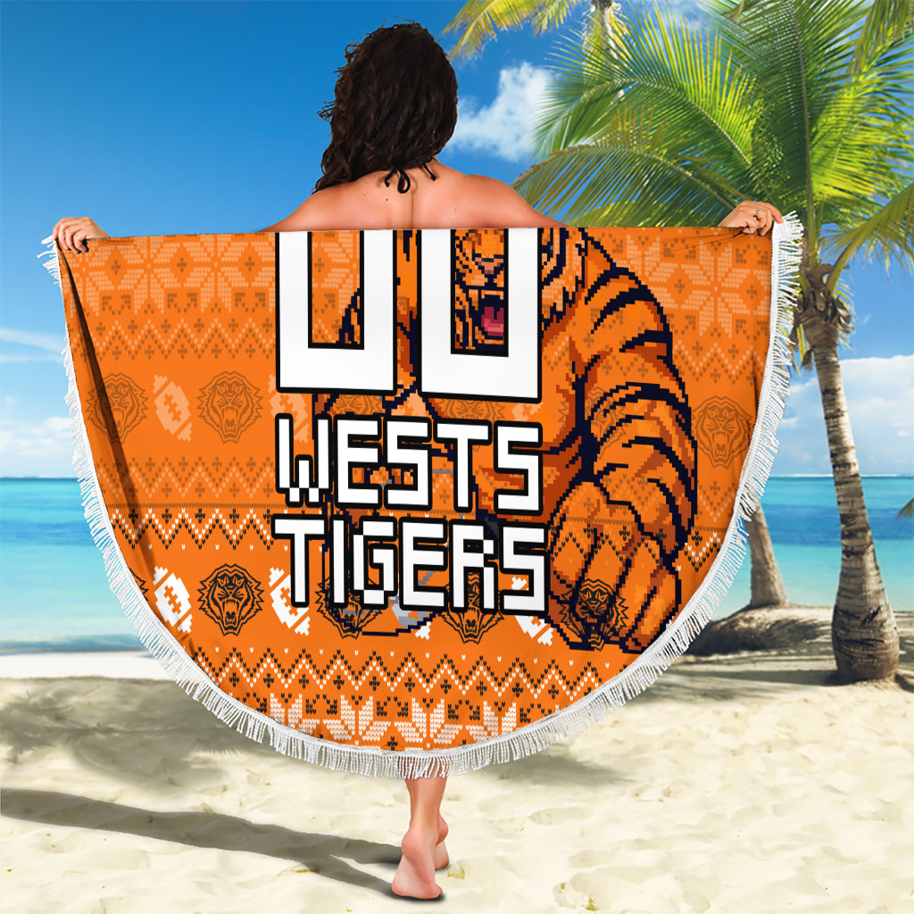 Personalized Wests Tigers Christmas Beach Blanket Australian Rugby Fans - Pixelated Ugly Xmas Pattern Mascot Santa