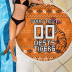 Personalized Wests Tigers Christmas Beach Blanket Australian Rugby Fans - Pixelated Ugly Xmas Pattern Mascot Santa