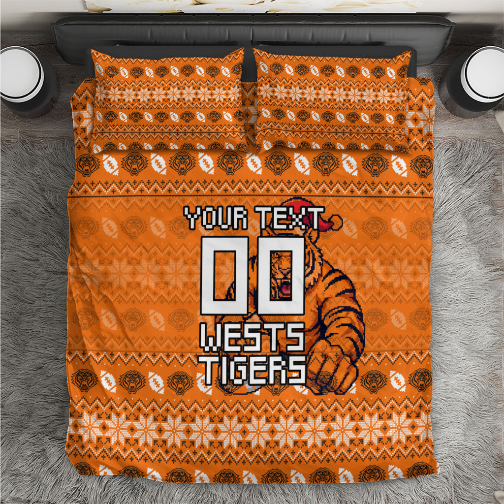 Personalized Wests Tigers Christmas Bedding Set Australian Rugby Fans - Pixelated Ugly Xmas Pattern Mascot Santa