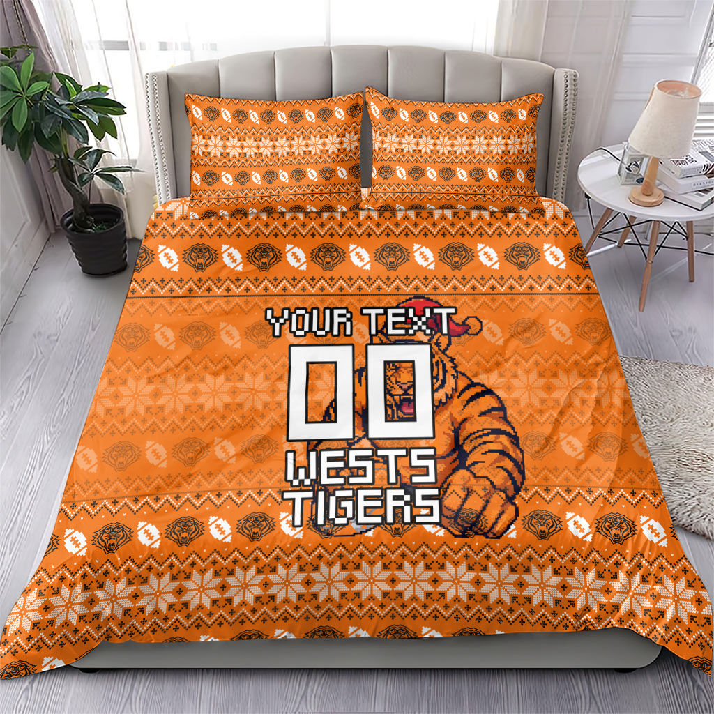 Personalized Wests Tigers Christmas Bedding Set Australian Rugby Fans - Pixelated Ugly Xmas Pattern Mascot Santa