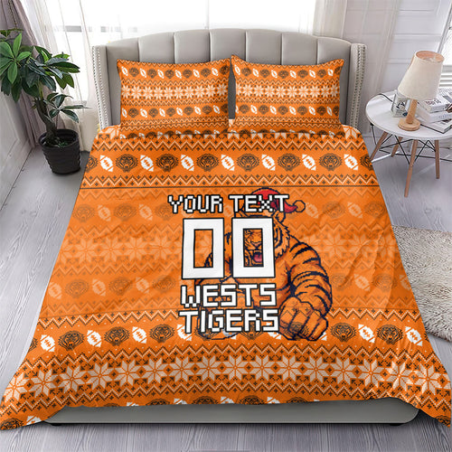 Personalized Wests Tigers Christmas Bedding Set Australian Rugby Fans - Pixelated Ugly Xmas Pattern Mascot Santa