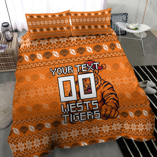 Personalized Wests Tigers Christmas Bedding Set Australian Rugby Fans - Pixelated Ugly Xmas Pattern Mascot Santa