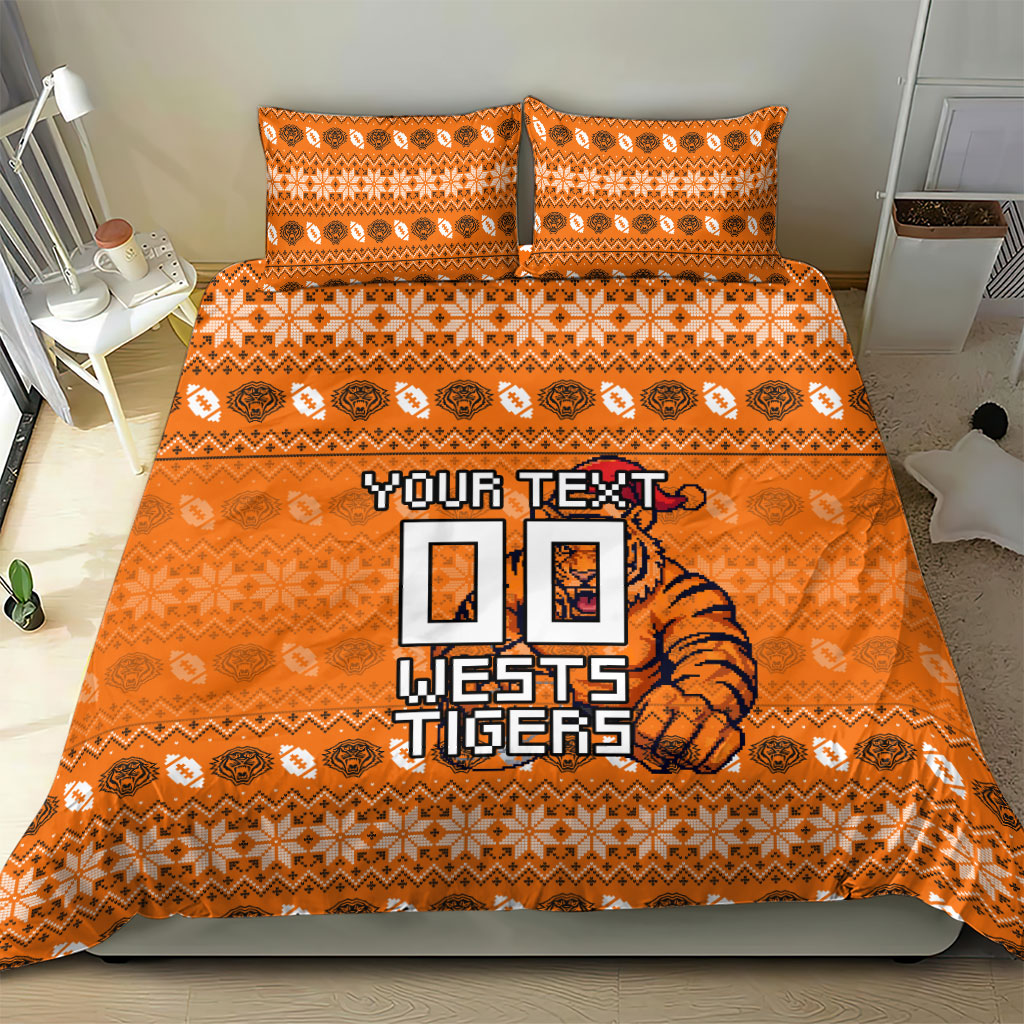 Personalized Wests Tigers Christmas Bedding Set Australian Rugby Fans - Pixelated Ugly Xmas Pattern Mascot Santa