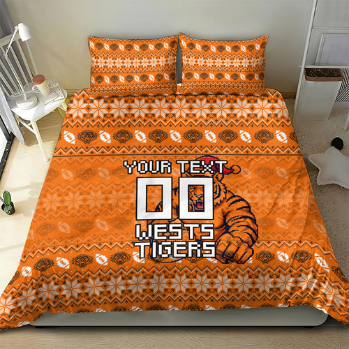Personalized Wests Tigers Christmas Bedding Set Australian Rugby Fans - Pixelated Ugly Xmas Pattern Mascot Santa