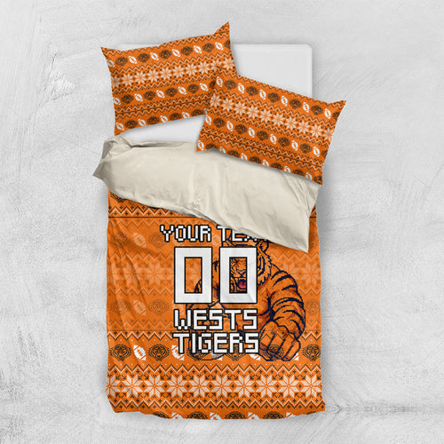 Personalized Wests Tigers Christmas Bedding Set Australian Rugby Fans - Pixelated Ugly Xmas Pattern Mascot Santa