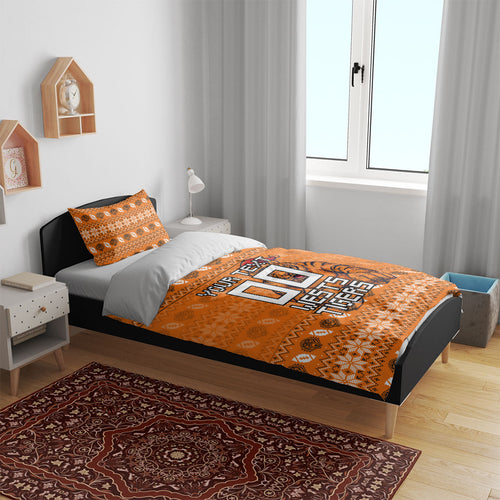 Personalized Wests Tigers Christmas Bedding Set Australian Rugby Fans - Pixelated Ugly Xmas Pattern Mascot Santa