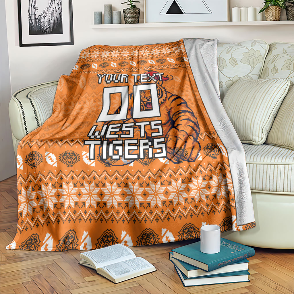 Personalized Wests Tigers Christmas Blanket Australian Rugby Fans - Pixelated Ugly Xmas Pattern Mascot Santa