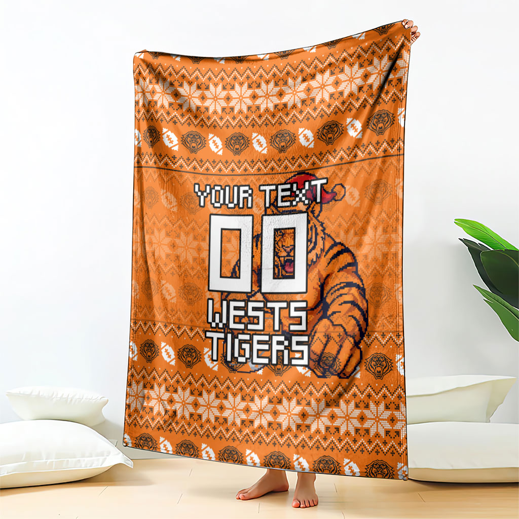 Personalized Wests Tigers Christmas Blanket Australian Rugby Fans - Pixelated Ugly Xmas Pattern Mascot Santa