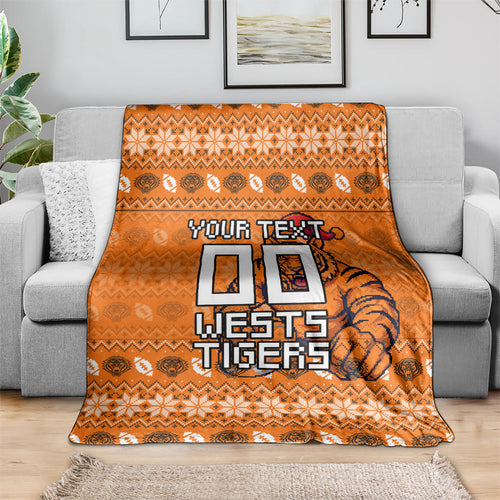 Personalized Wests Tigers Christmas Blanket Australian Rugby Fans - Pixelated Ugly Xmas Pattern Mascot Santa