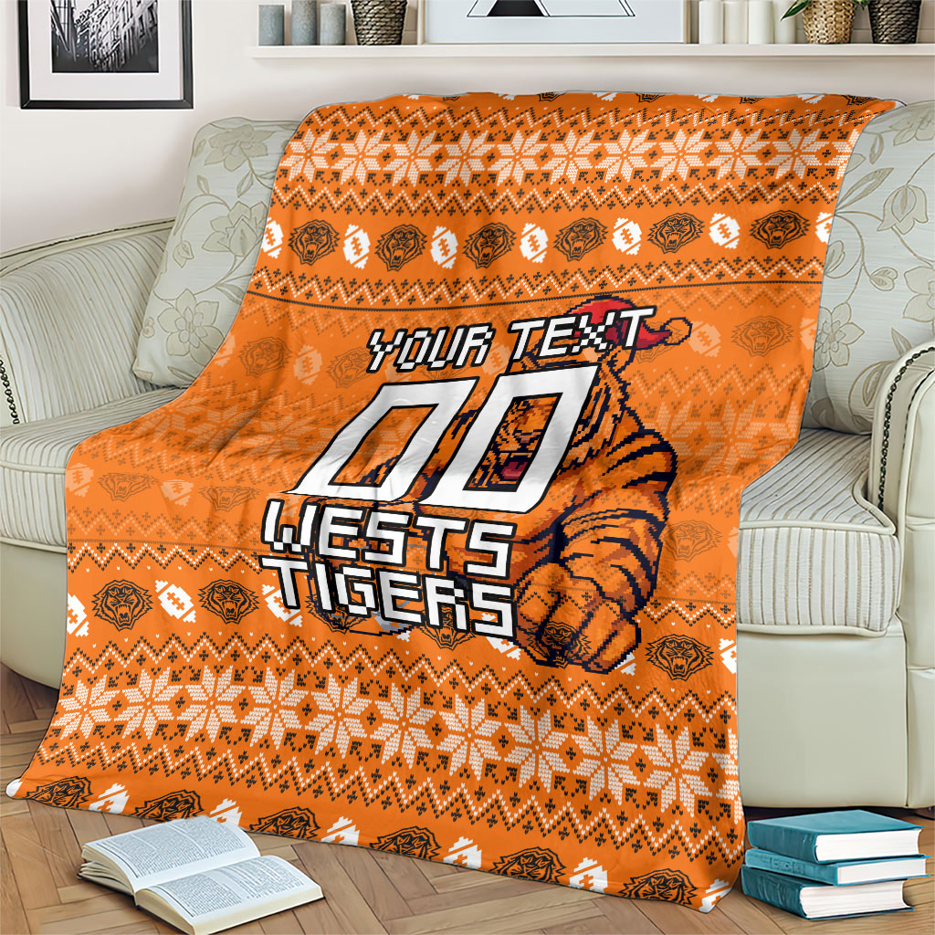 Personalized Wests Tigers Christmas Blanket Australian Rugby Fans - Pixelated Ugly Xmas Pattern Mascot Santa