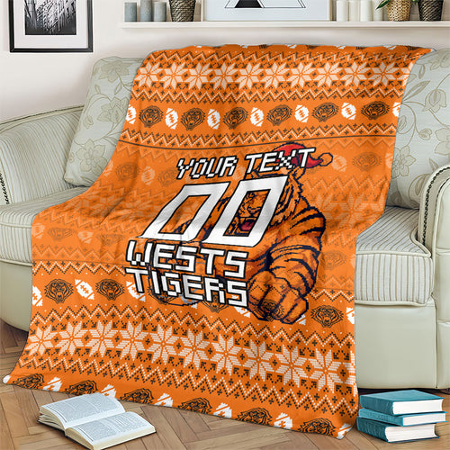 Personalized Wests Tigers Christmas Blanket Australian Rugby Fans - Pixelated Ugly Xmas Pattern Mascot Santa