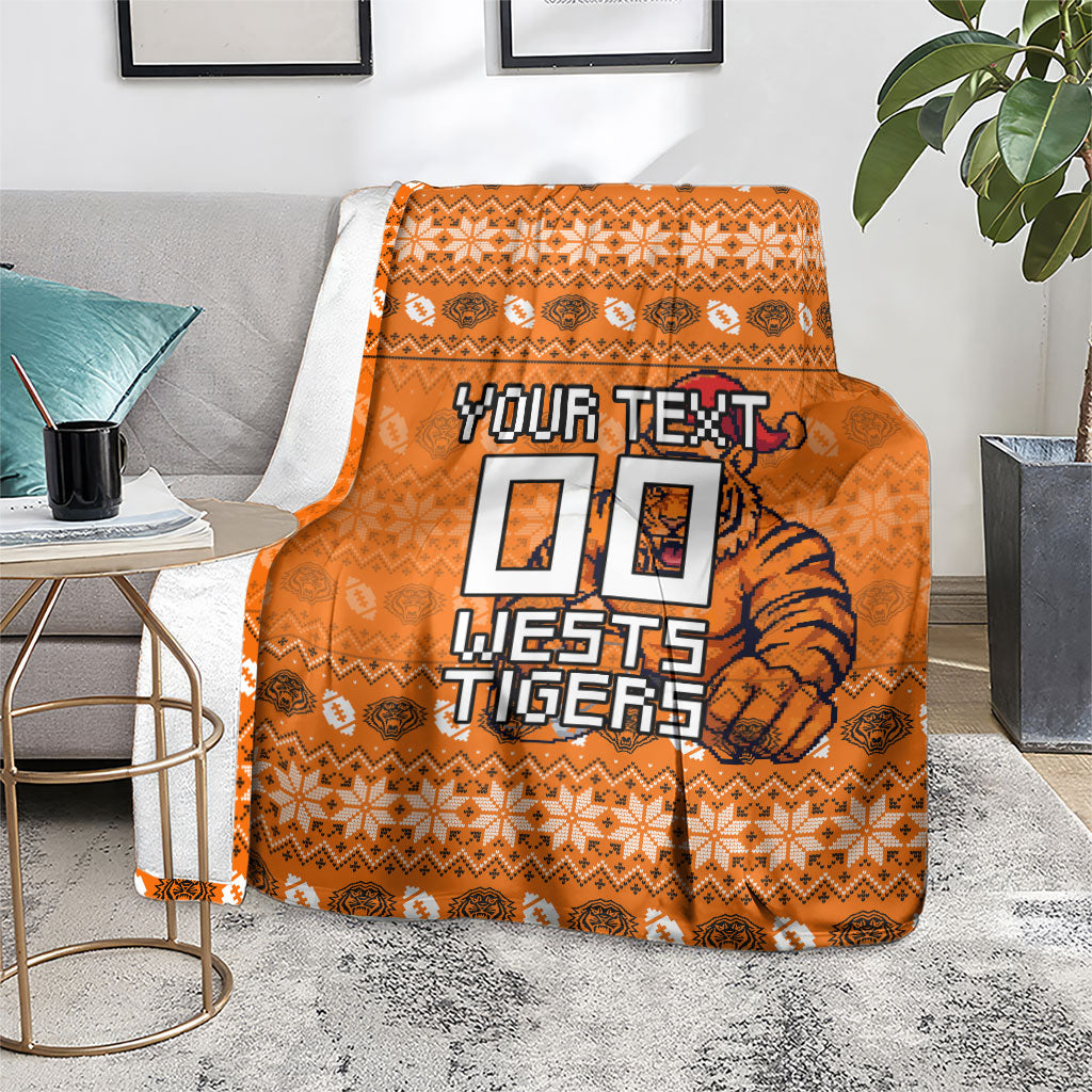 Personalized Wests Tigers Christmas Blanket Australian Rugby Fans - Pixelated Ugly Xmas Pattern Mascot Santa