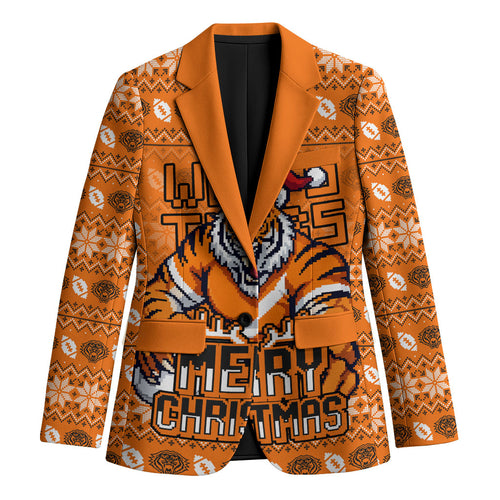 Personalized Wests Tigers Christmas Blazer Australian Rugby Fans - Pixelated Ugly Xmas Pattern Mascot Santa