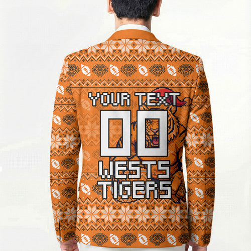 Personalized Wests Tigers Christmas Blazer Australian Rugby Fans - Pixelated Ugly Xmas Pattern Mascot Santa