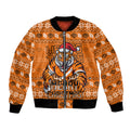 Personalized Wests Tigers Christmas Bomber Jacket Australian Rugby Fans - Pixelated Ugly Xmas Pattern Mascot Santa